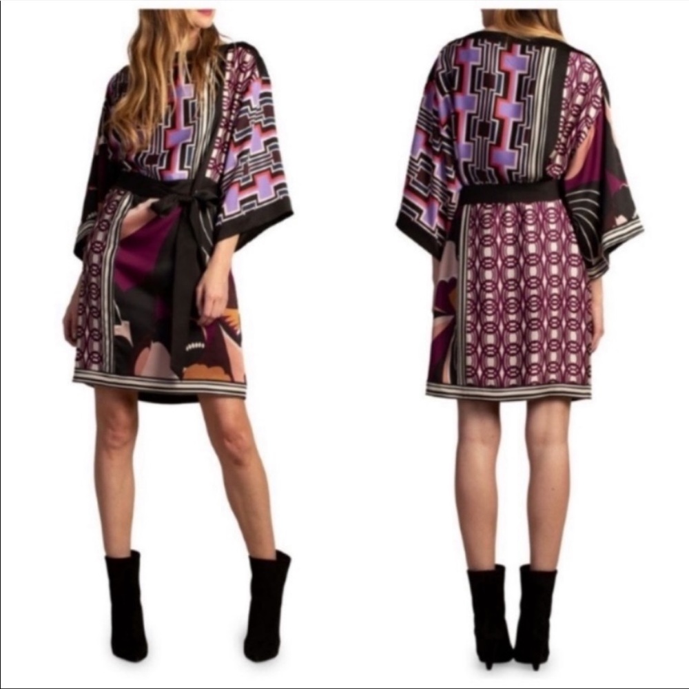 NWT-Trina Turk Mixed Print Satin Georgette Kimono Sleeve Typicity Dress